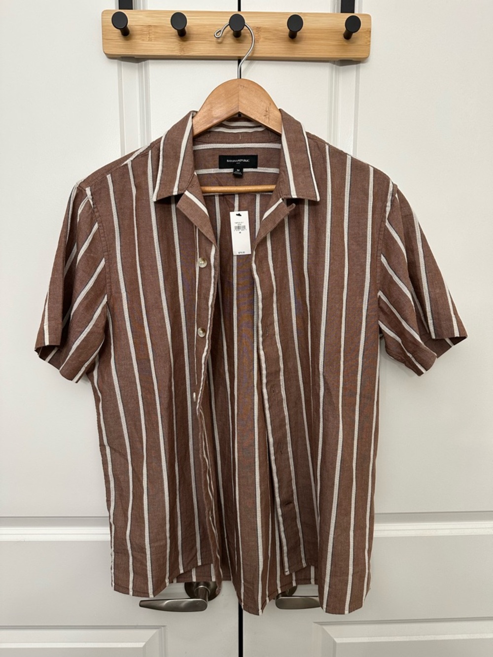Banana Republic Brown and White Striped Short-Sleeve Button-Down Shirt